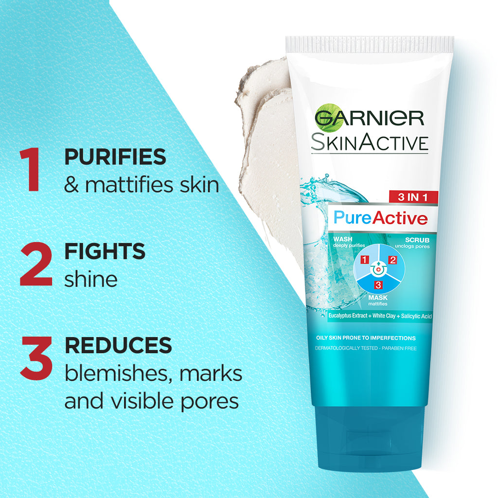 Garnier - Pure Active 3-in-1 Face Wash, Mask & Scrub - 100ml