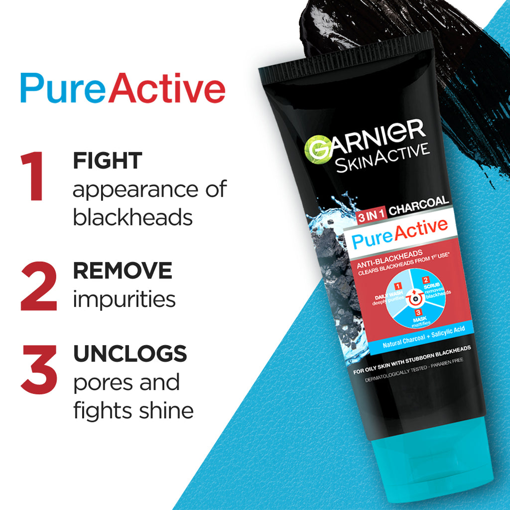 Garnier - Pure Active 3-in-1 Charcoal Blackhead Face Wash, Mask & Scrub - 100ml