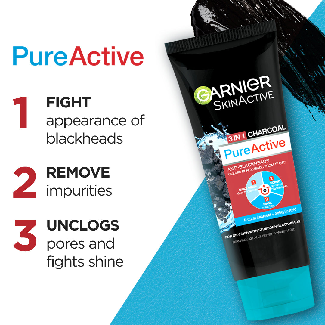 Garnier - Pure Active 3-in-1 Charcoal Blackhead Face Wash, Mask & Scrub - 100ml
