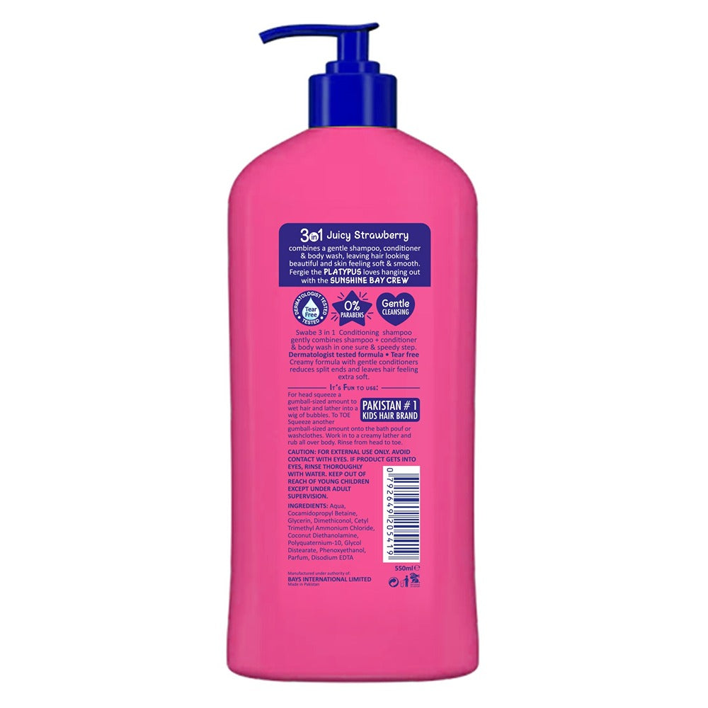 Swabe London - Kids Juicy Strawberry 3in1 Shampoo + Conditioner & Body Wash - 550ml
