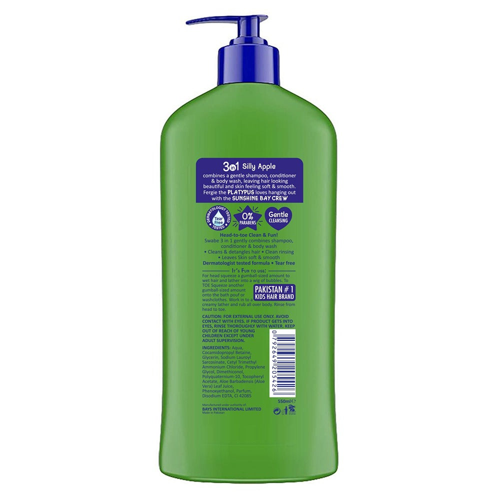 Swabe London - Kids Silly Apple 3in1 Shampoo + Conditioner & Body Wash - 550ml