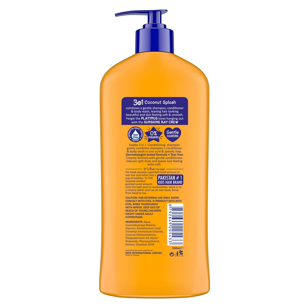 Swabe London - Kids Coconut Splash 3in1 Shampoo + Conditioner & Body Wash - 550ml
