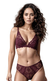 BLS - Bloom Light Padded And  Wired Plunge Lace Bra Set - Red