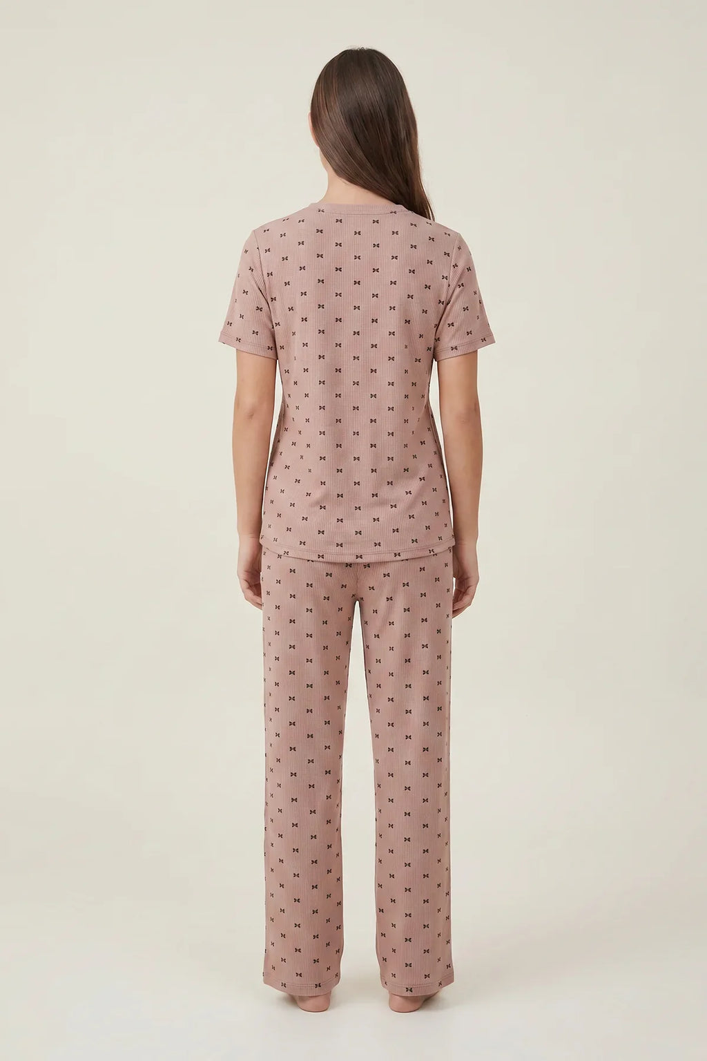 BLS - Bow Print Ribbed Pajama Set - Coffee