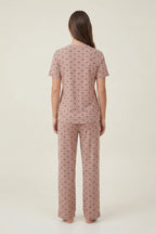 BLS - Bow Print Ribbed Pajama Set - Coffee