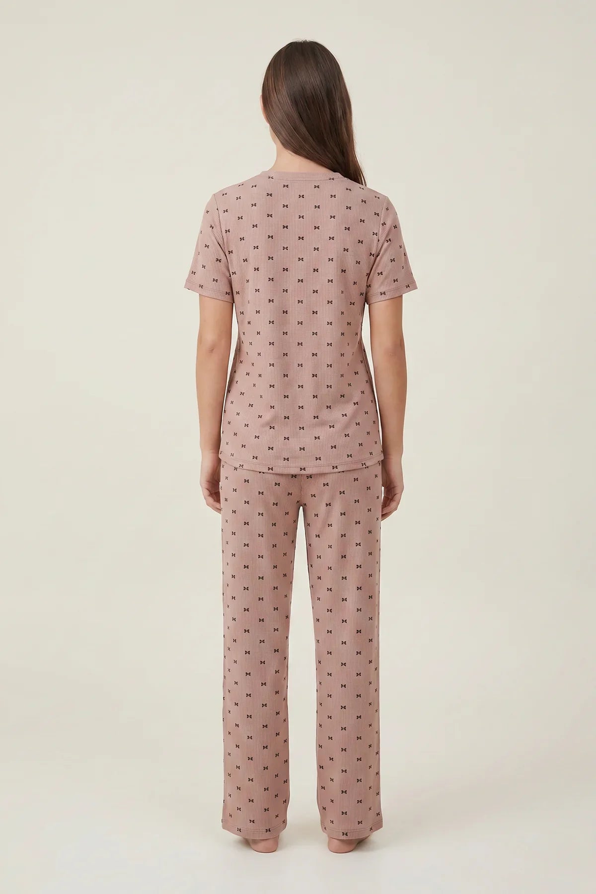 BLS - Bow Print Ribbed Pajama Set - Coffee