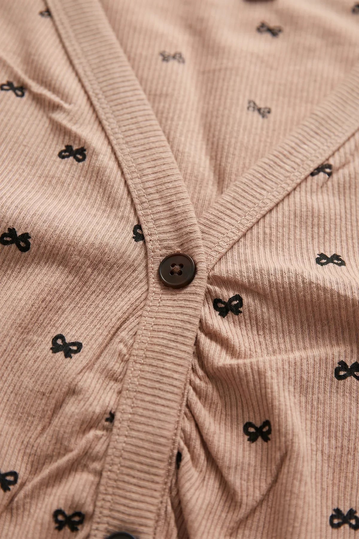 BLS - Bow Print Ribbed Pajama Set - Coffee