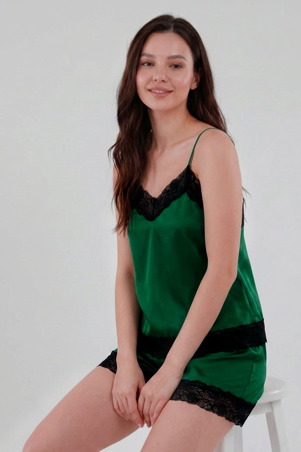 BLS - Satin Lace Shorts Set - Emerald Green