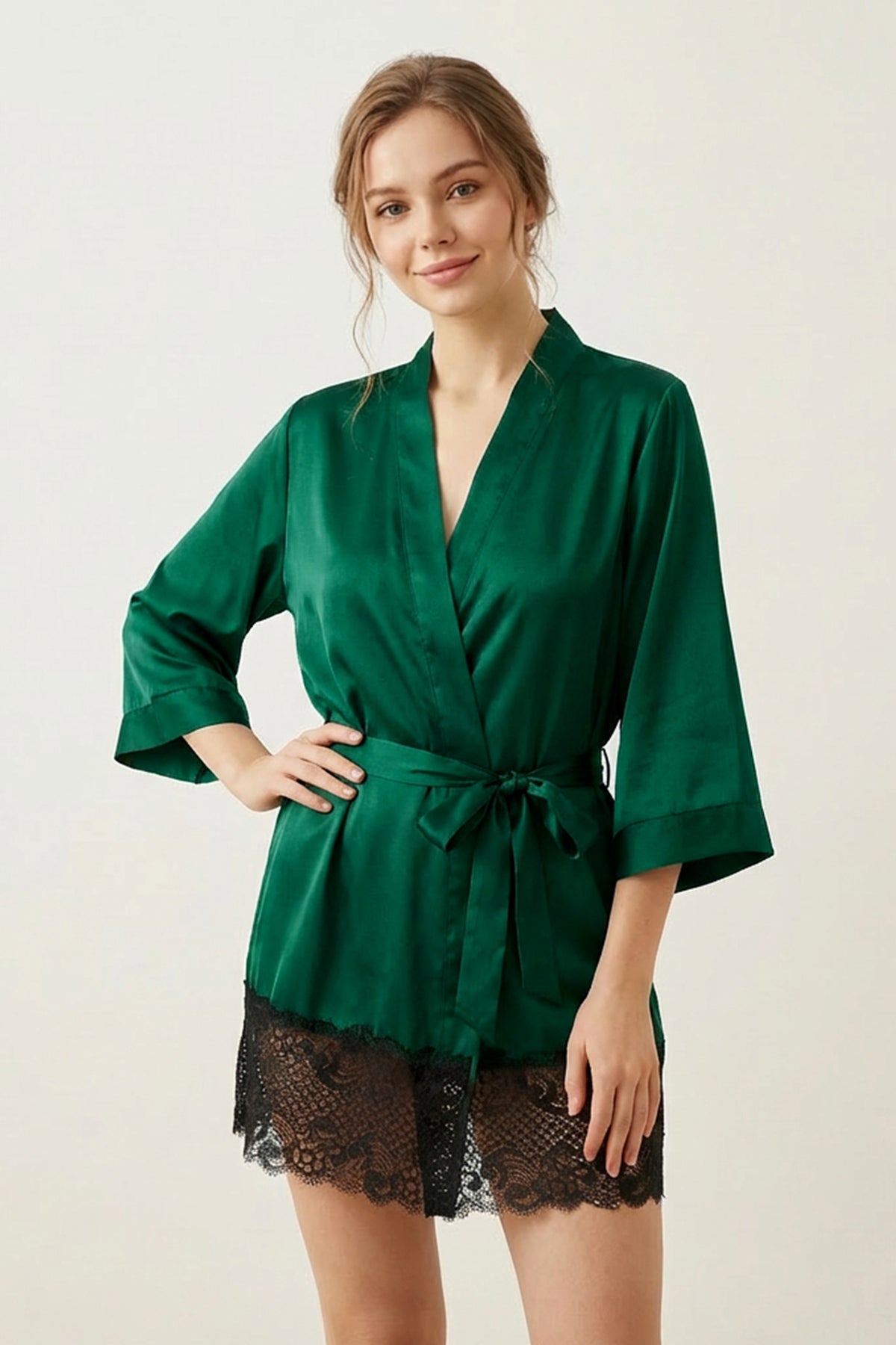 BLS - Satin Short Lace Robe - Emerald Green
