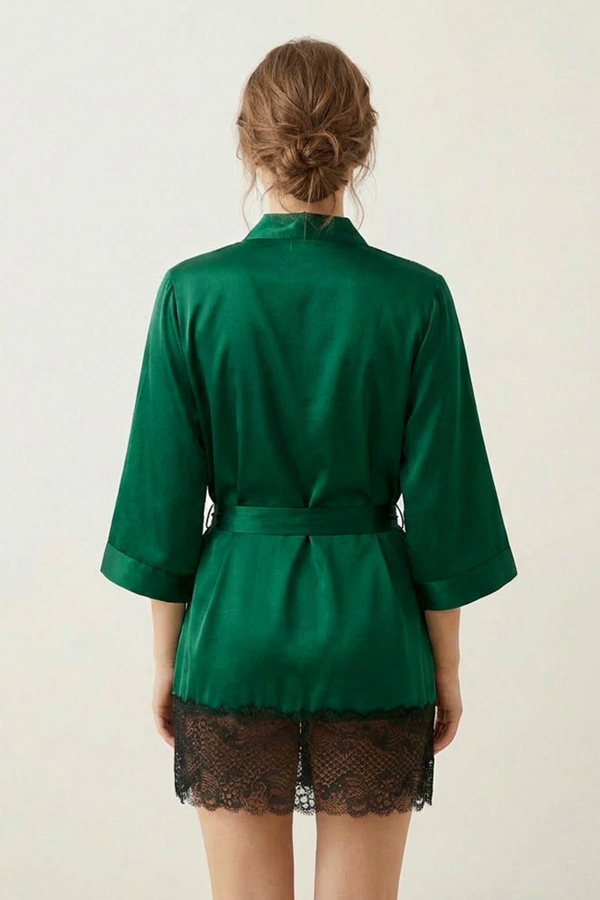 BLS - Satin Short Lace Robe - Emerald Green