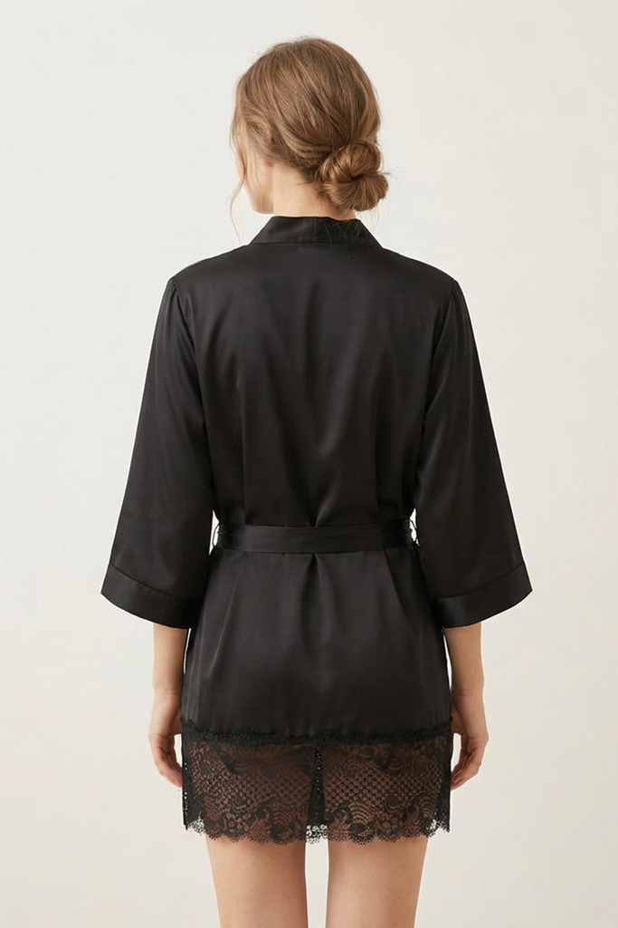 Short Type Robe BLS - Satin Short Lace Robe - Night Black