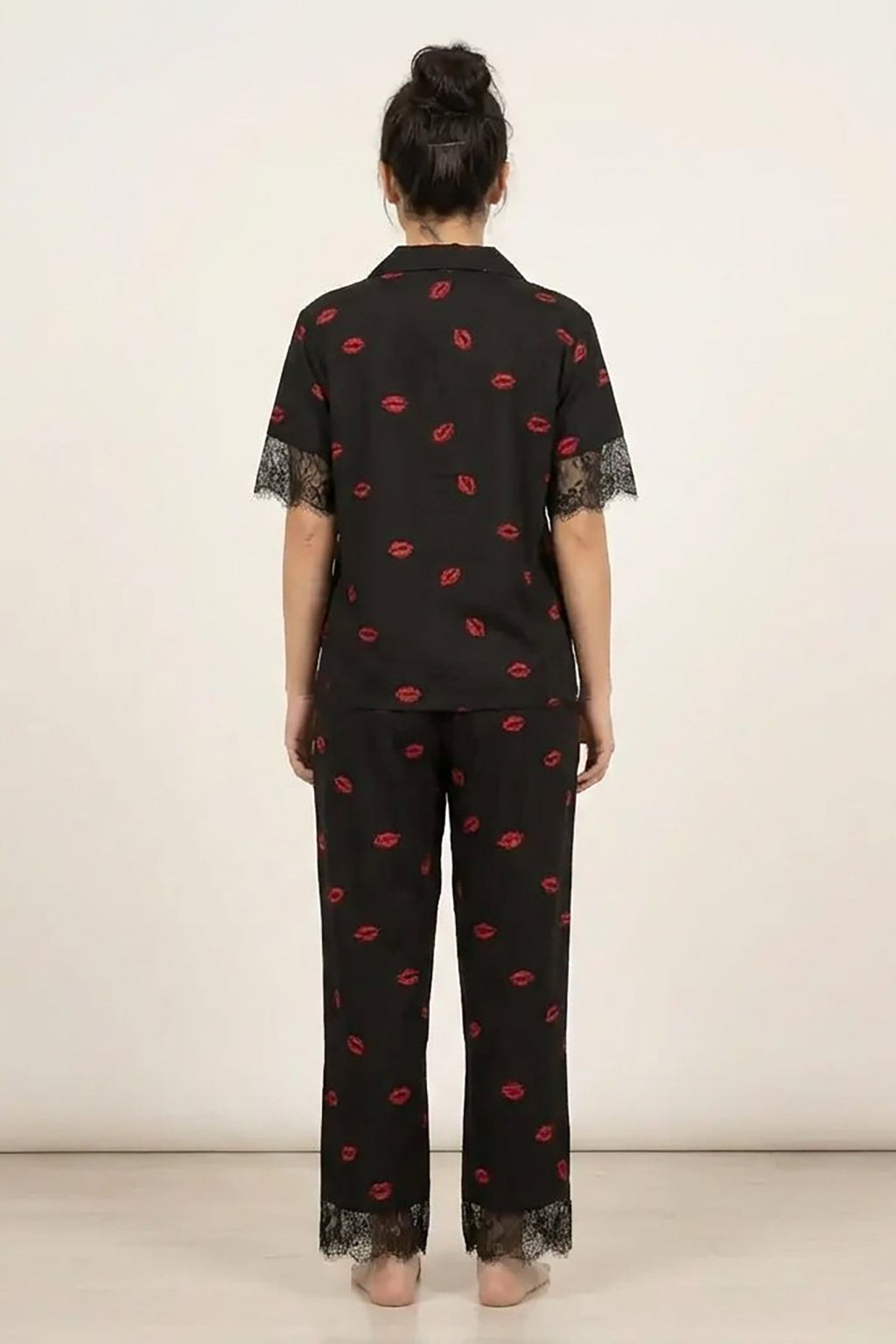 BLS - Short sleeves with long pants Pajama Set With Lace - Black