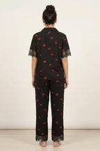 BLS - Short sleeves with long pants Pajama Set With Lace - Black