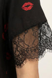 BLS - Short sleeves with long pants Pajama Set With Lace - Black