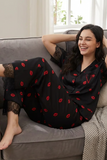 BLS - Short sleeves with long pants Pajama Set With Lace - Black