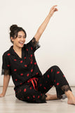 BLS - Short sleeves with long pants Pajama Set With Lace - Black