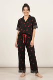 BLS - Short sleeves with long pants Pajama Set With Lace - Black