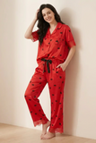 BLS - Short sleeves with long pants Pajama Set With Lace - Red