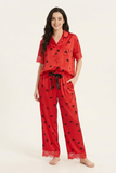 BLS - Short sleeves with long pants Pajama Set With Lace - Red