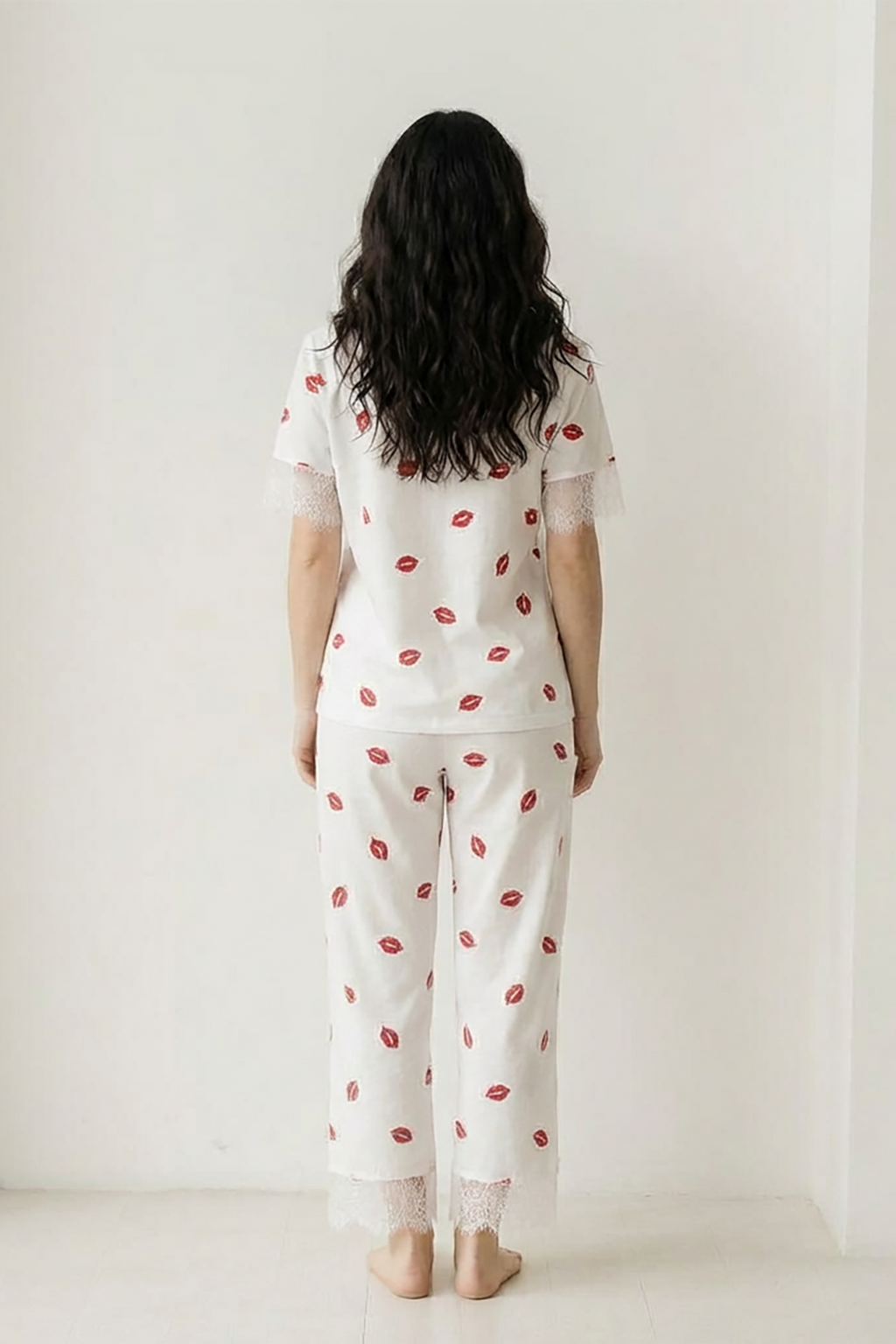 BLS - Short sleeves with long pants Pajama Set With Lace - White
