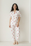 BLS - Short sleeves with long pants Pajama Set With Lace - White