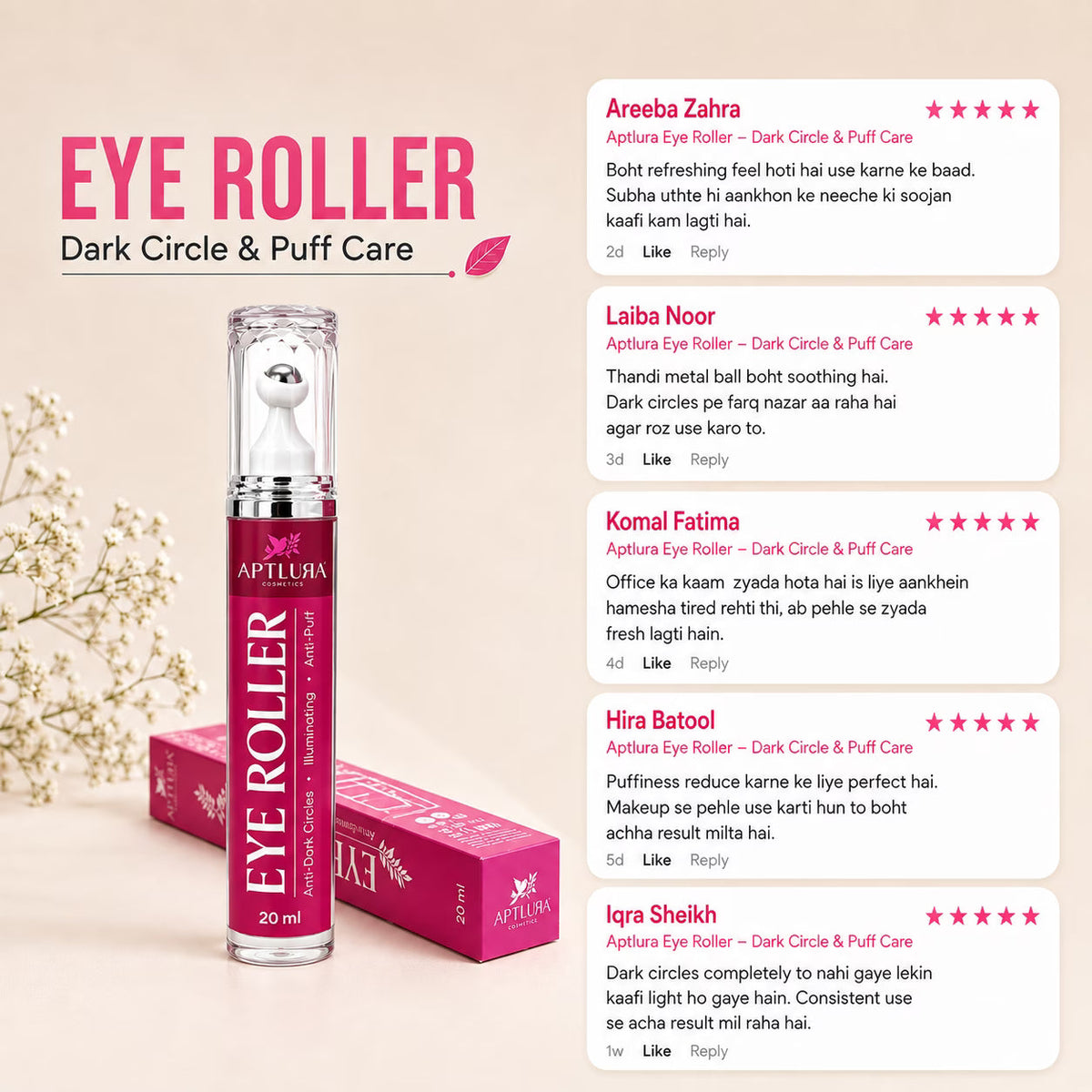 Aptlura Eye Roller – Dark Circle & Puff Care 20ml