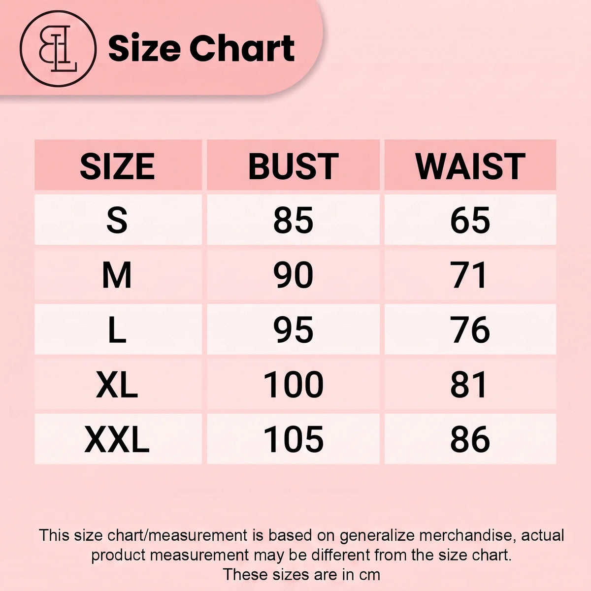 BLS size chart: sleepwear