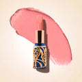 Swiss Miss Bling Lipstick in shade Romantic Pink B-106 featuring ornate blue and gold filigree bullet tube casing with a soft light romantic pink lipstick swatch.