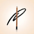 Swiss Miss matte black eye pencil in shade 01 Black with gold body and bold black swatch background.