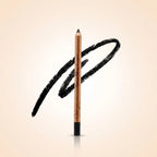 Swiss Miss matte black eye pencil in shade 01 Black with gold body and bold black swatch background.
