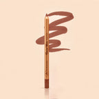 Swiss Miss Precision Lip Liner in shade 01 Velvet Nude with gold packaging and a smooth nude brown swatched line.