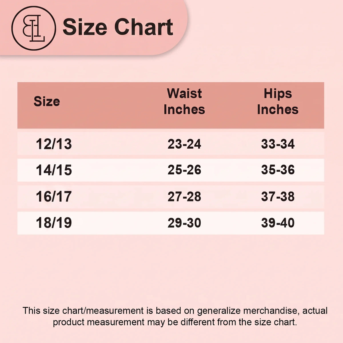 BLS size chart: teens panties