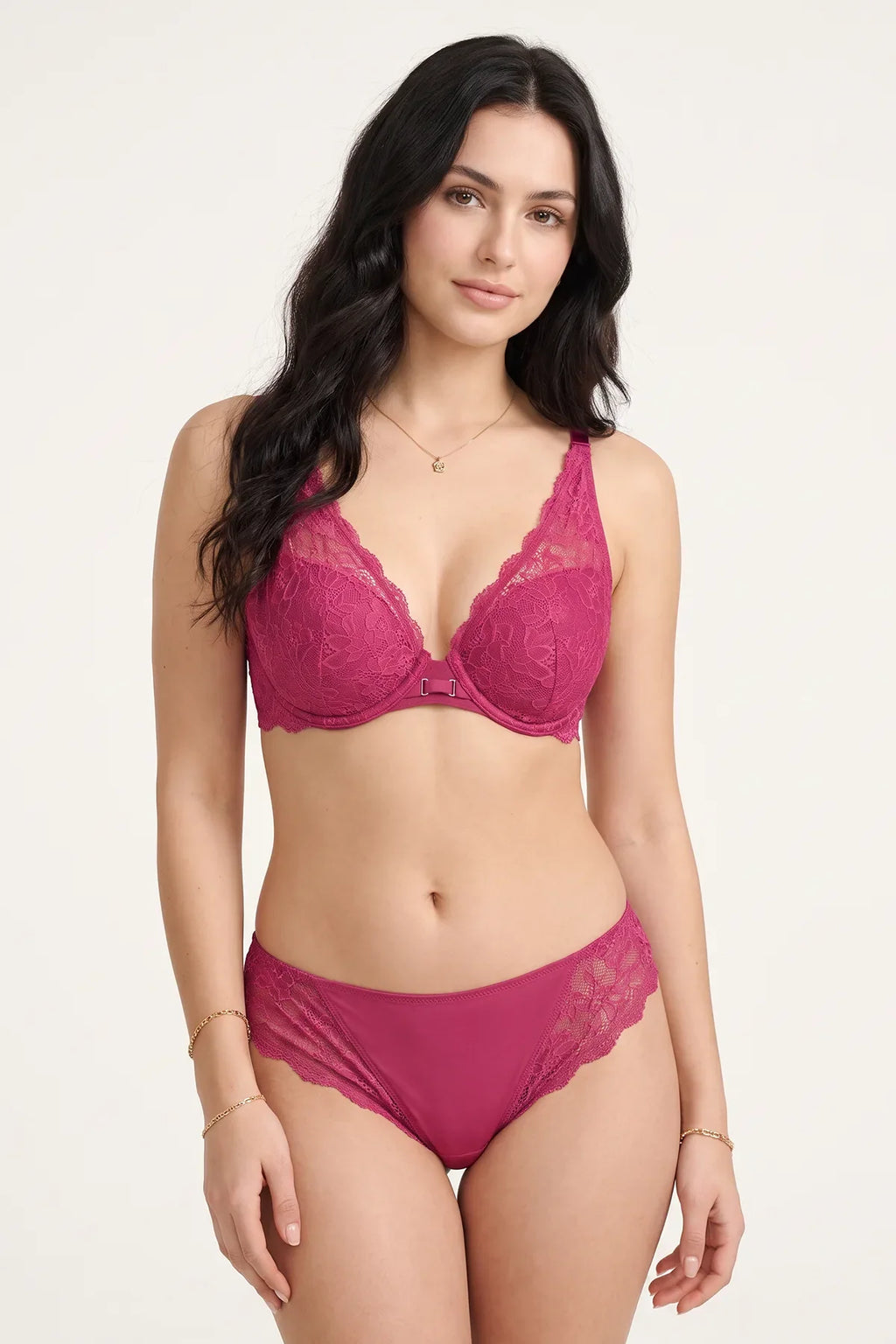BLS - Satin Floral Lace Plunge Bra - Burgundy