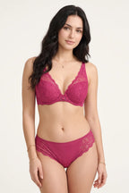 BLS - Satin Floral Lace Plunge Bra - Burgundy