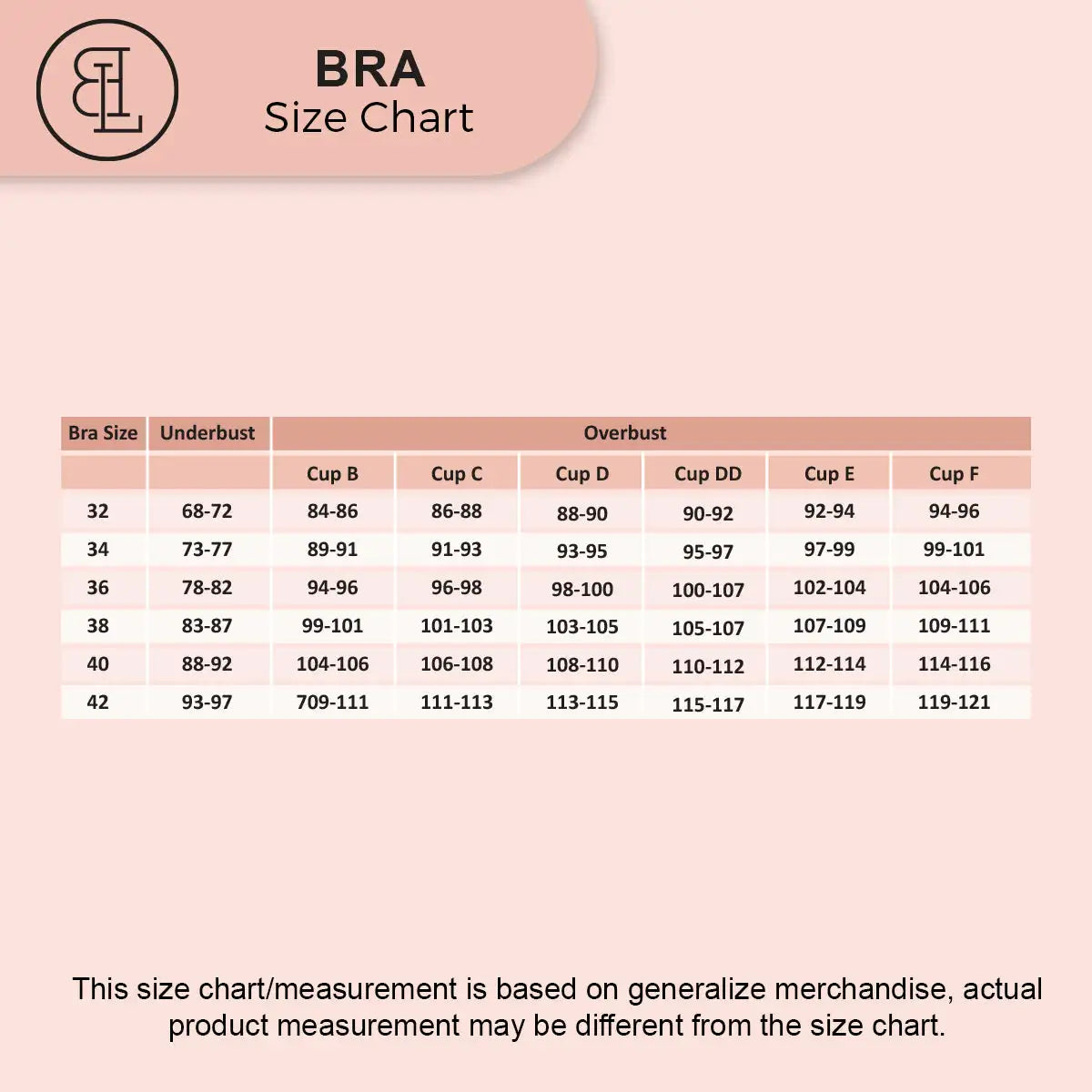 BLS size chart: bras