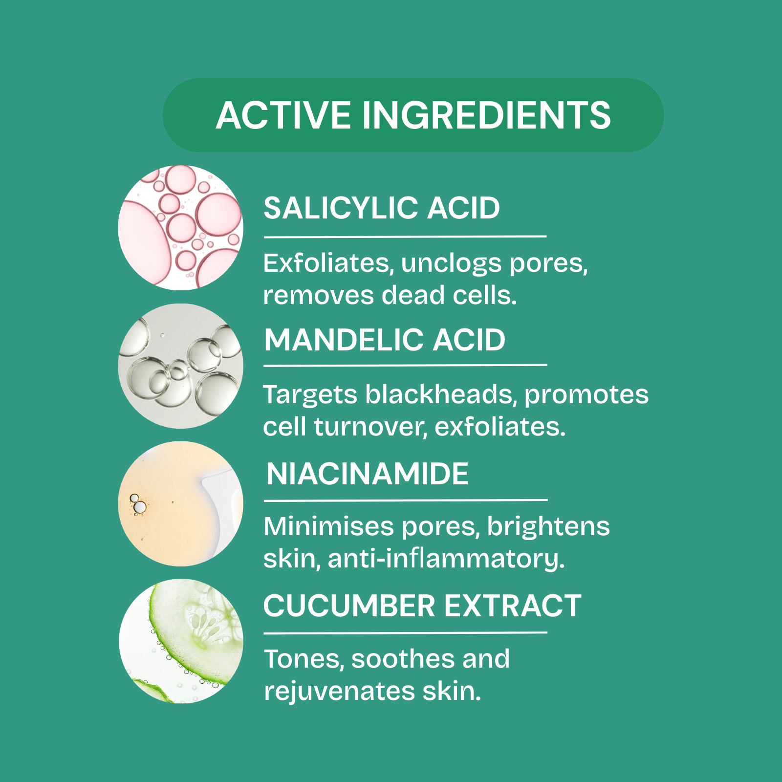 List of active ingredients with corresponding icons and descriptions on a green background