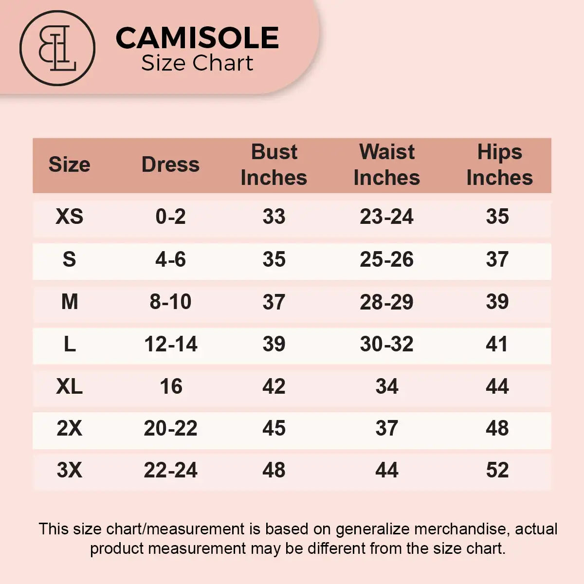 BLS size chart: slips and camis
