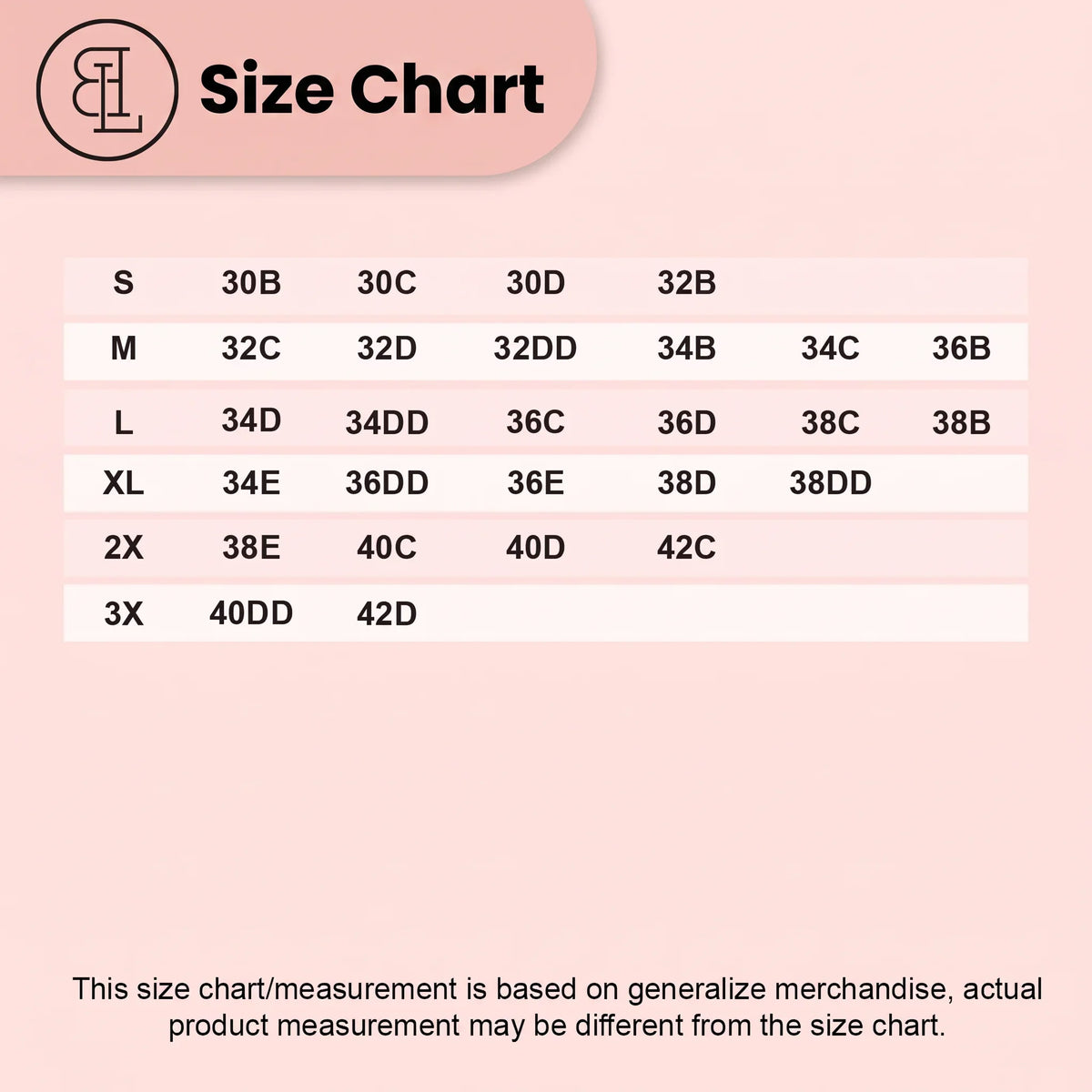 BLS size chart: S/M/L bras