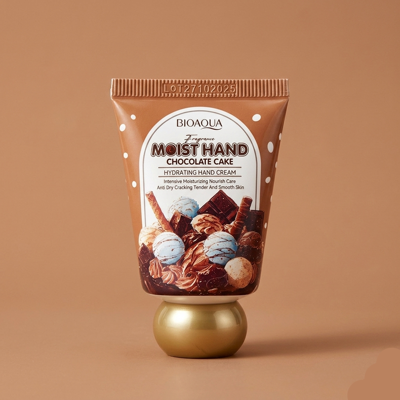 Bioaqua Moist Hand Chocolate Cake hand cream on a brown background