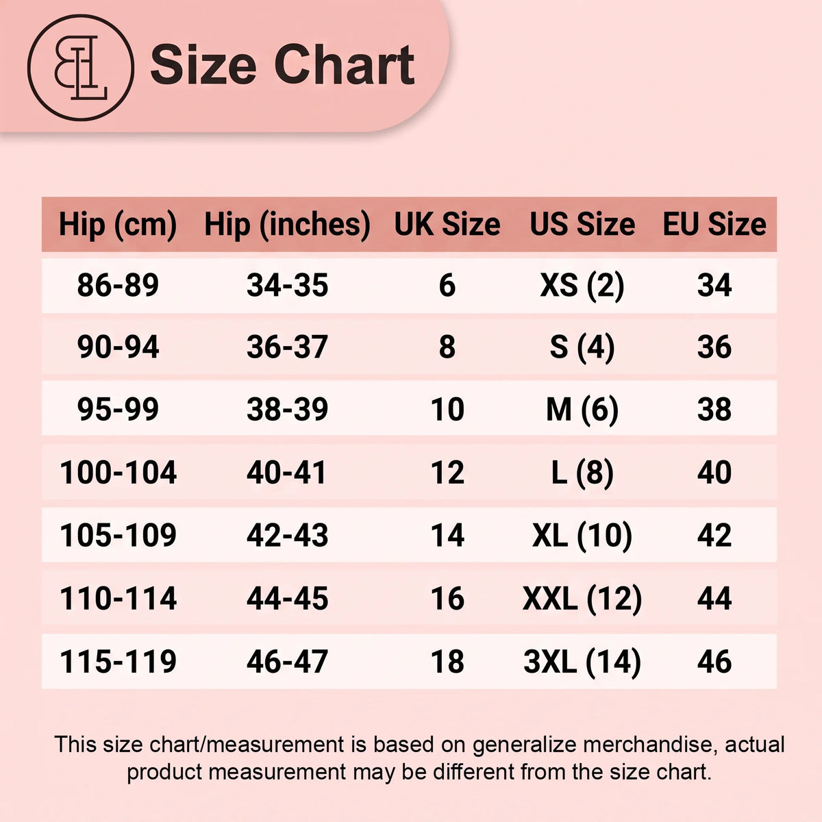 BLS size chart: panties