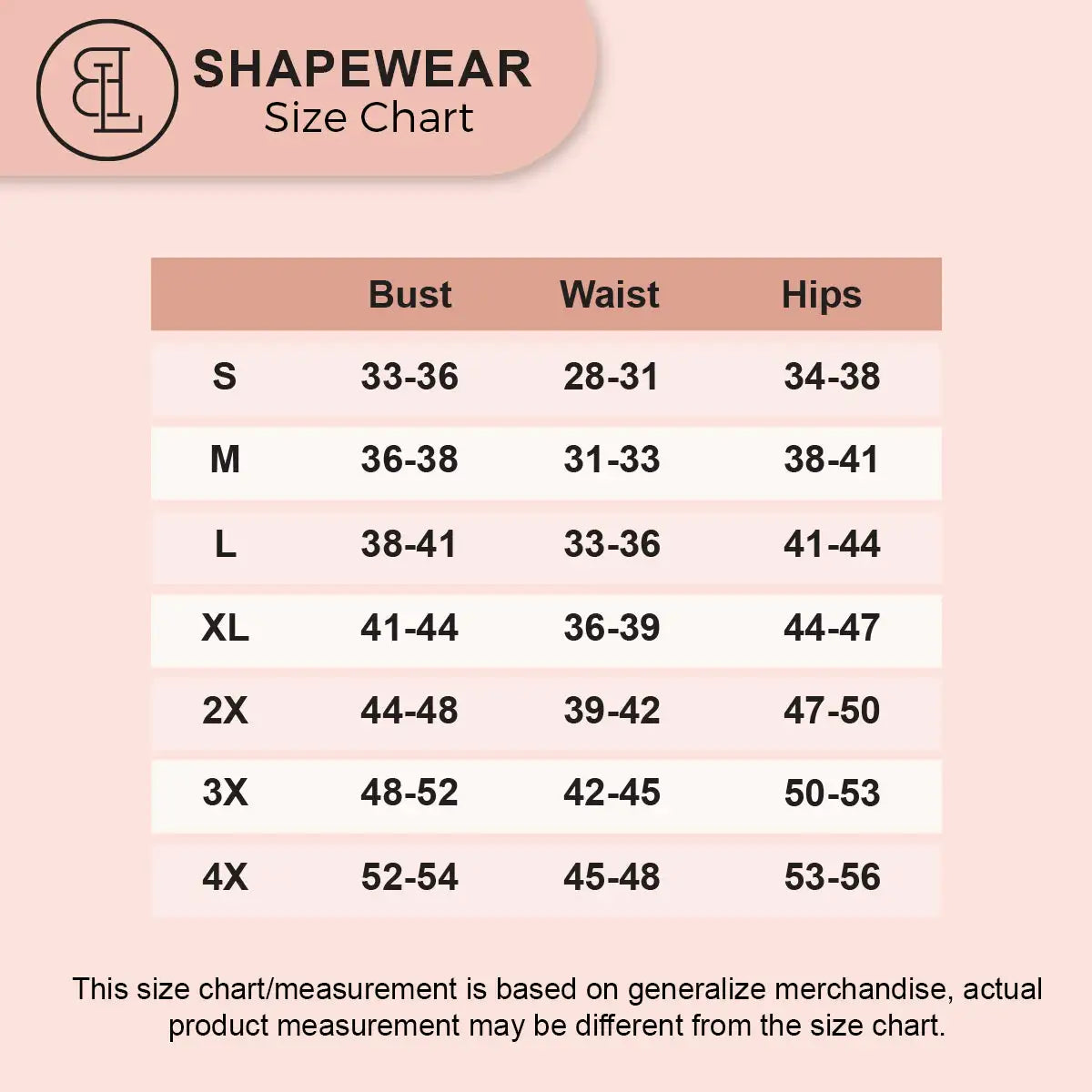 BLS size chart: shapewear