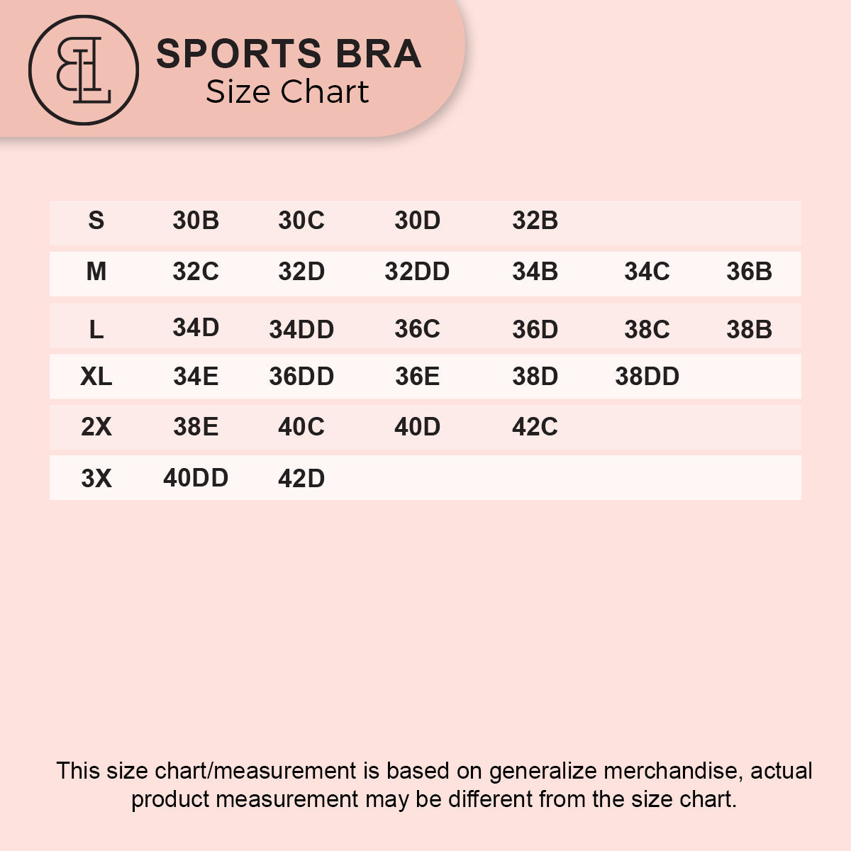 BLS size chart: sports bras