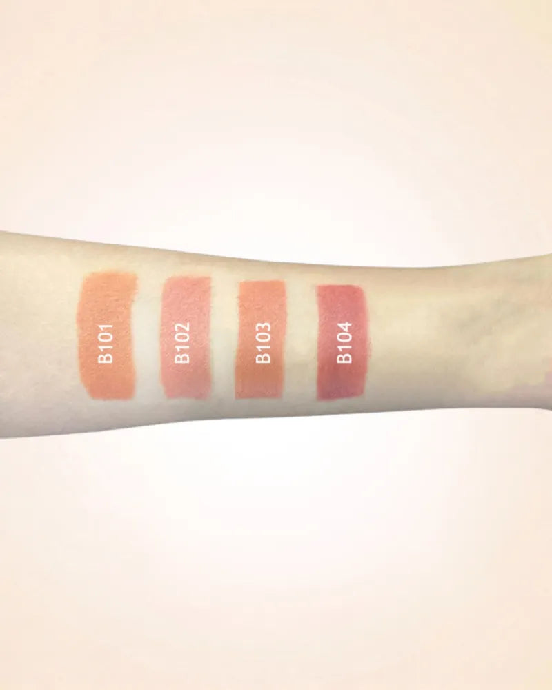 Arm swatches comparing Swiss Miss lipstick shades B101, B102, B103, and B104.