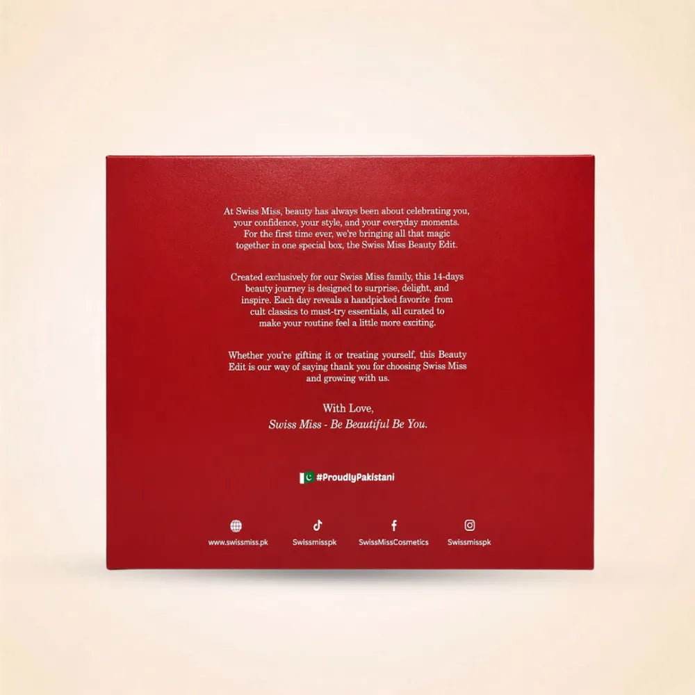 Back view of the red Swiss Miss Beauty Edit box displaying product description and social media links.