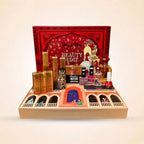 Swiss Miss Beauty Edit collection featuring lipsticks, foundation, nail polishes, and perfumes displayed on the opened calendar.