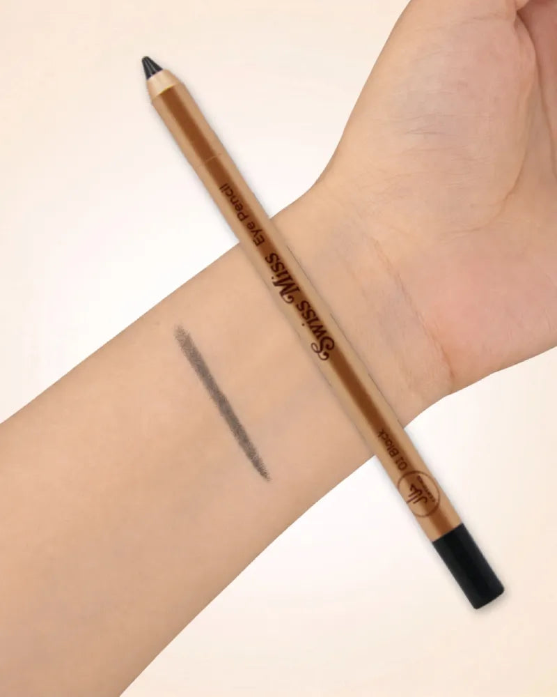 Swiss Miss Eye Pencil in shade 01 Black resting on a forearm with a single line pigment swatch.