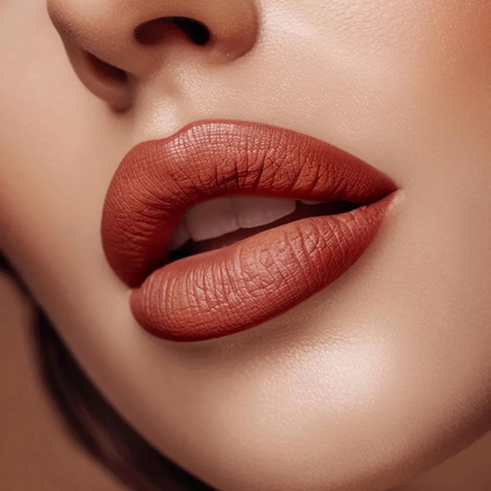 Close-up of lips wearing Swiss Miss Bronze Affair B-113 matte lipstick shade.