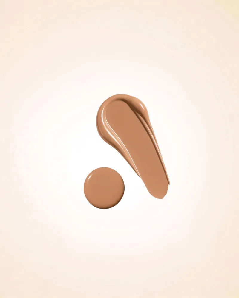 Liquid foundation smear swatch and drop of Swiss Miss Matte and Poreless CC Foundation in shade Almond SM 05
