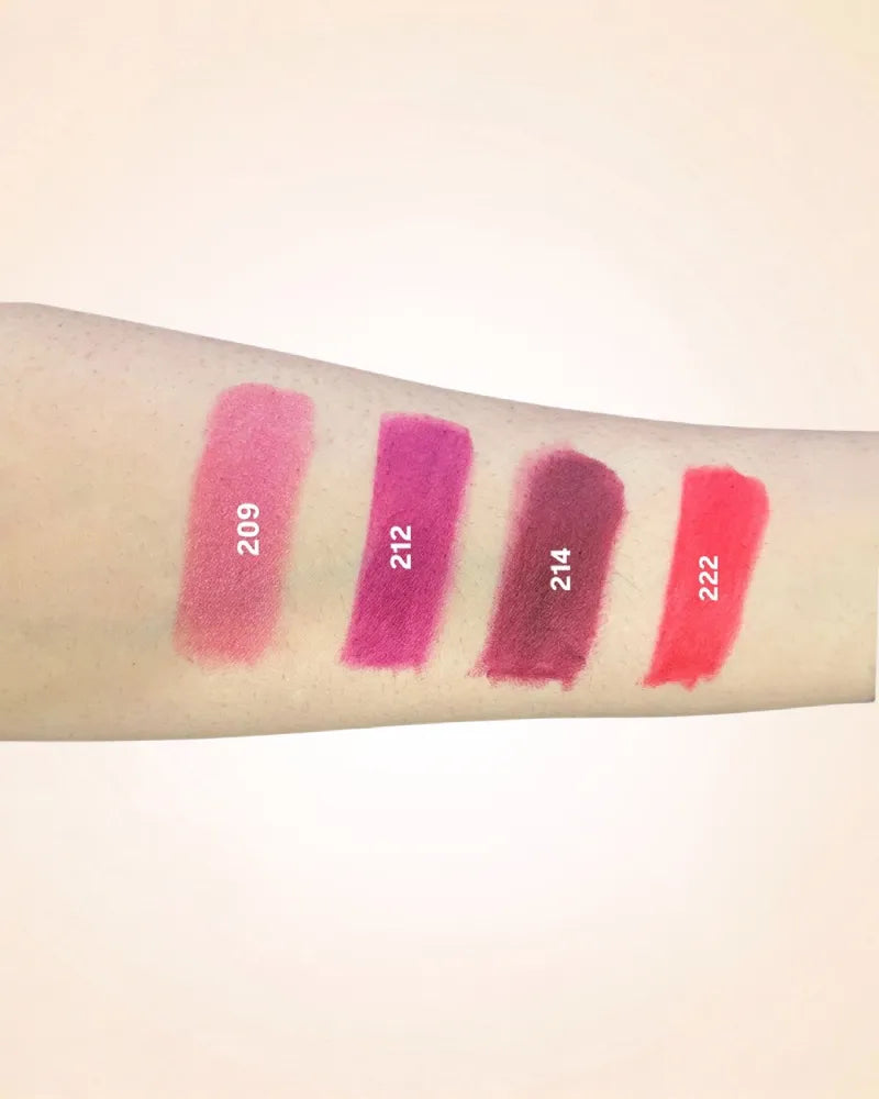 Arm color swatches comparing Swiss Miss Classic Lipstick shades 209, 212, 214, and 222.