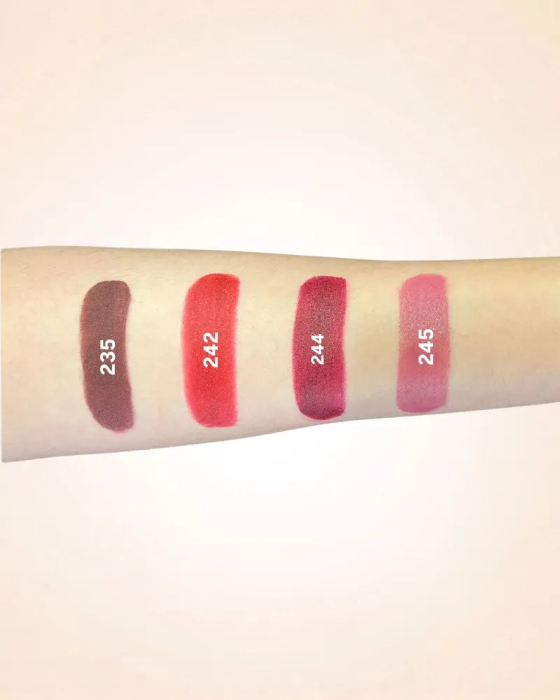 Forearm swatches comparing Swiss Miss Classic Lipstick shades 235, 242, 244, and 245.